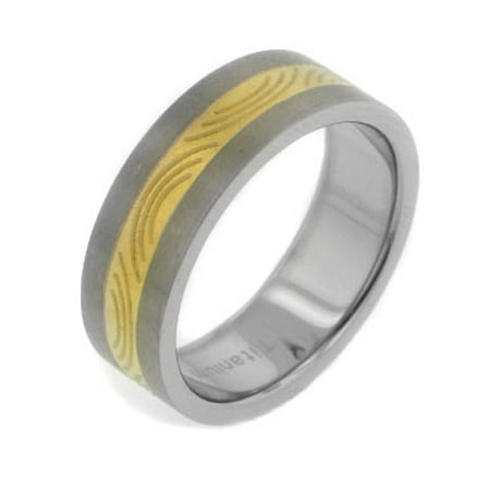 7 Mm Wide - Womens and Mens 7mm Wide Two-Tone Gold Color Etched Stripe Center Brushed Finish Titanium Wedding Band Ring