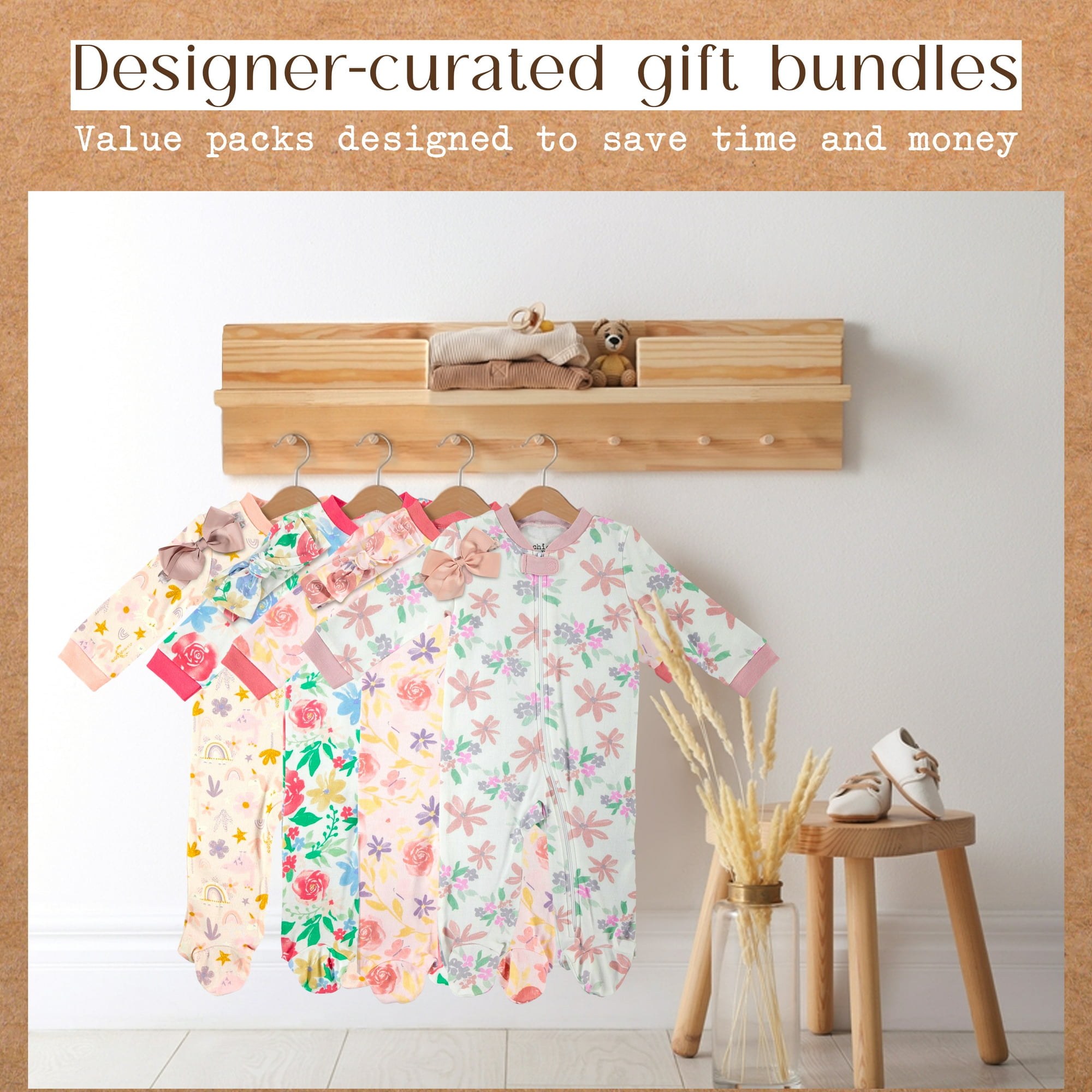 Chick Pea Baby Girl 2-Piece Footed Coverall Set Matching Headband Floral Pajamas, Sizes Newborn-9 Months