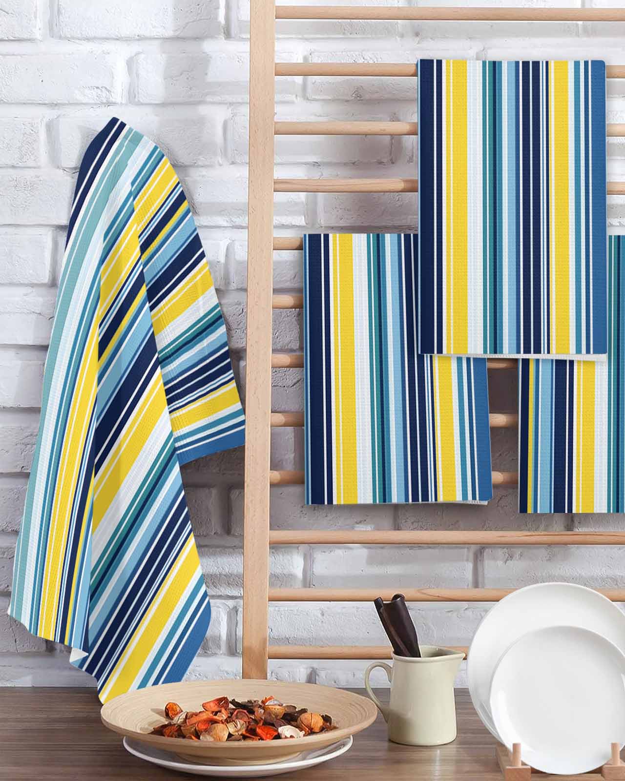 Blue Yellow Teal Stripes Kitchen Dish Towels for Drying Dishes Set of 4, Boho Colorful Ombre Texture Waffle Weave Microfiber Terry Hand Tea Bathroom Towels Quick Dry & Absorbent Towel 15.7x23.6