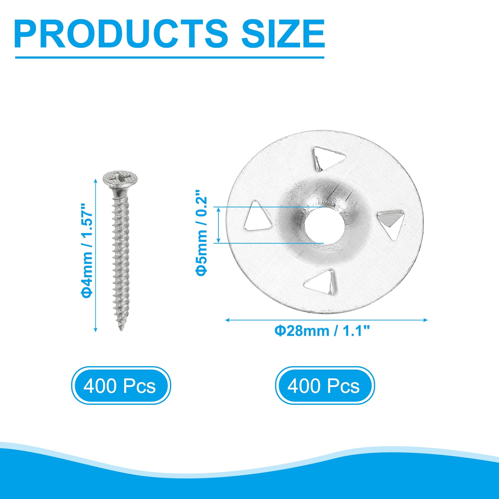 1-1/8 Insulation Washers, 400 Set 28mm Metal Insulation Washers Foam Board Fasteners Perforated Plaster Washers with Screw Galvanized Steel for Foam Board Fixing Fastening Wall