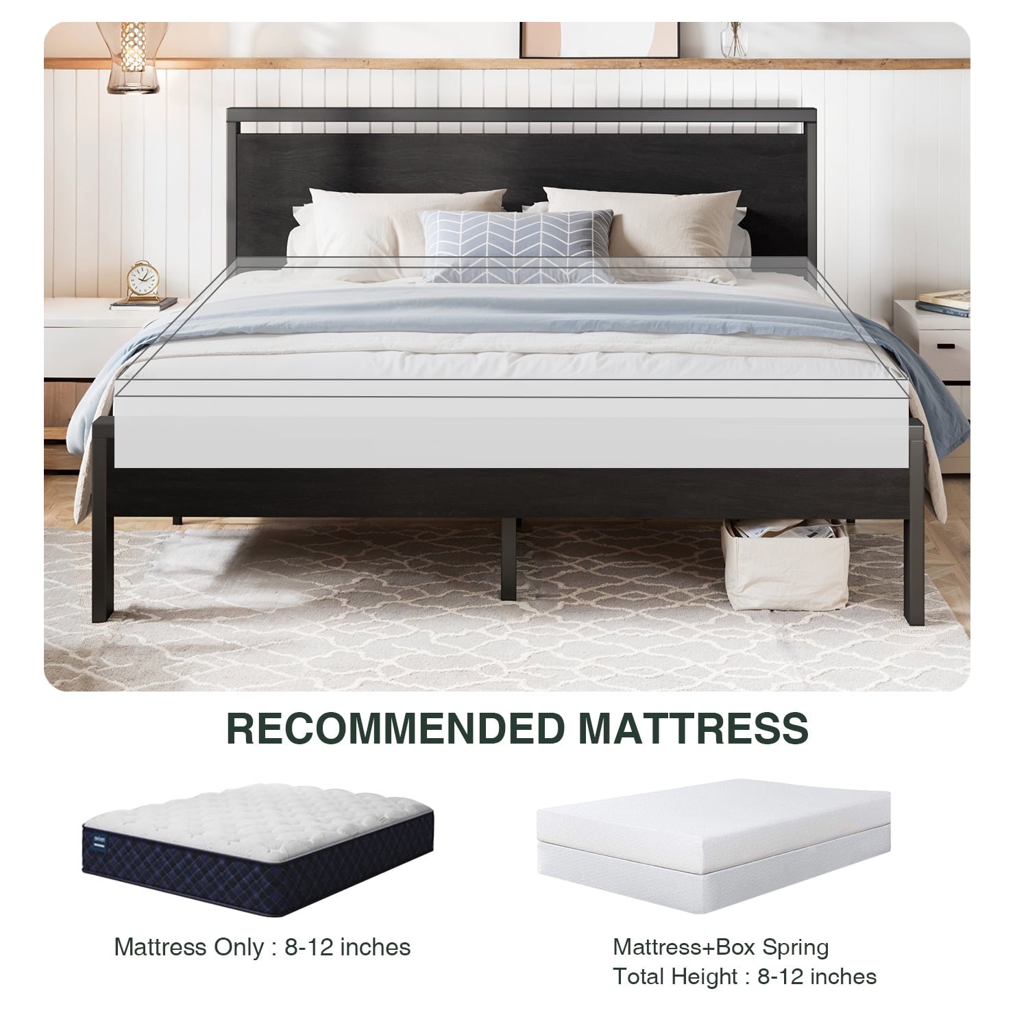 Amolife King Size Bed Frame, Heavy Duty Metal Platform Bed with Wooden Headboard & Footboard, Black Oak, Adult