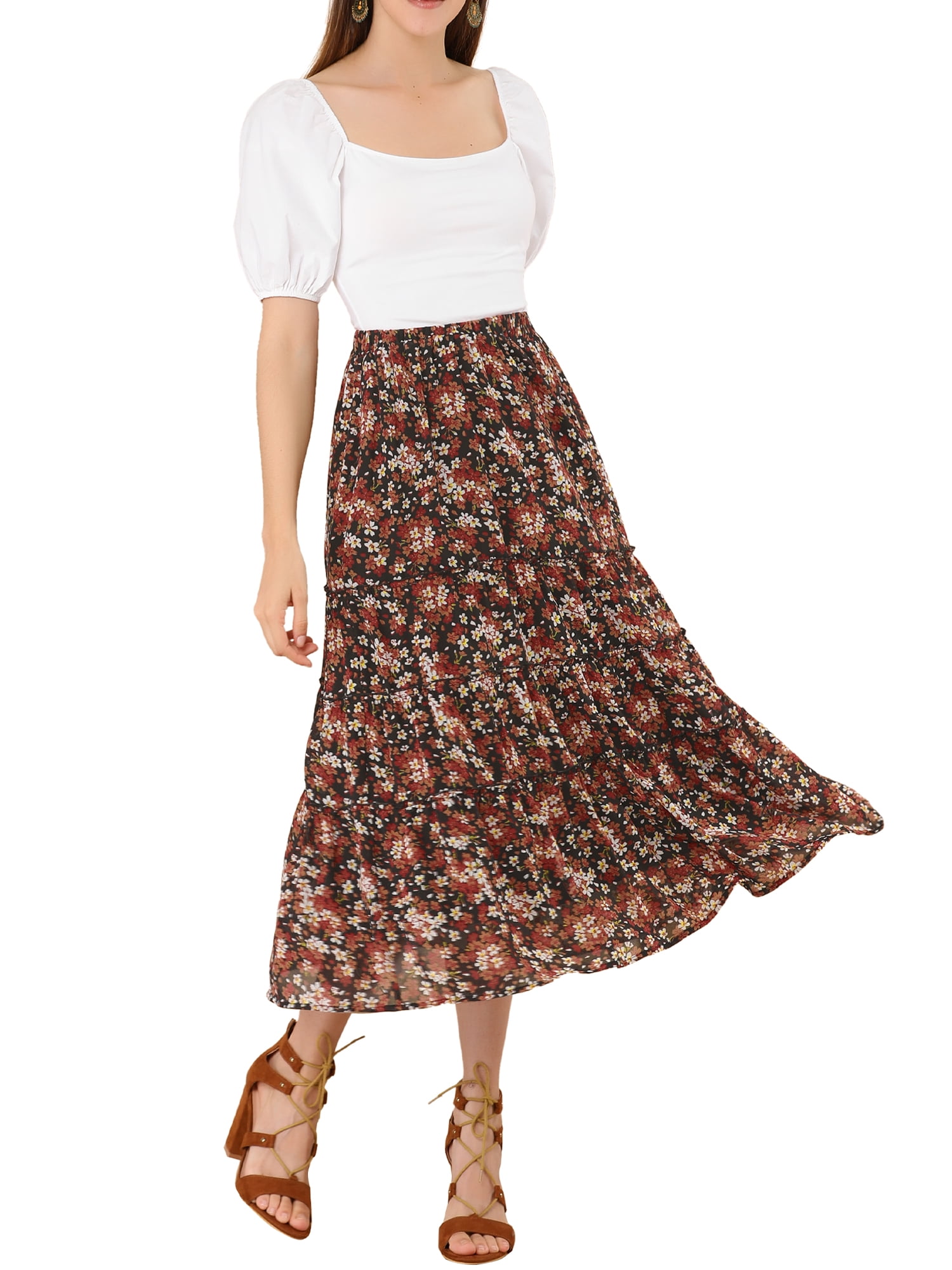 DARING DIVA Women's Chiffon Tiered A-Line Maxi Skirt 2XL Black Red