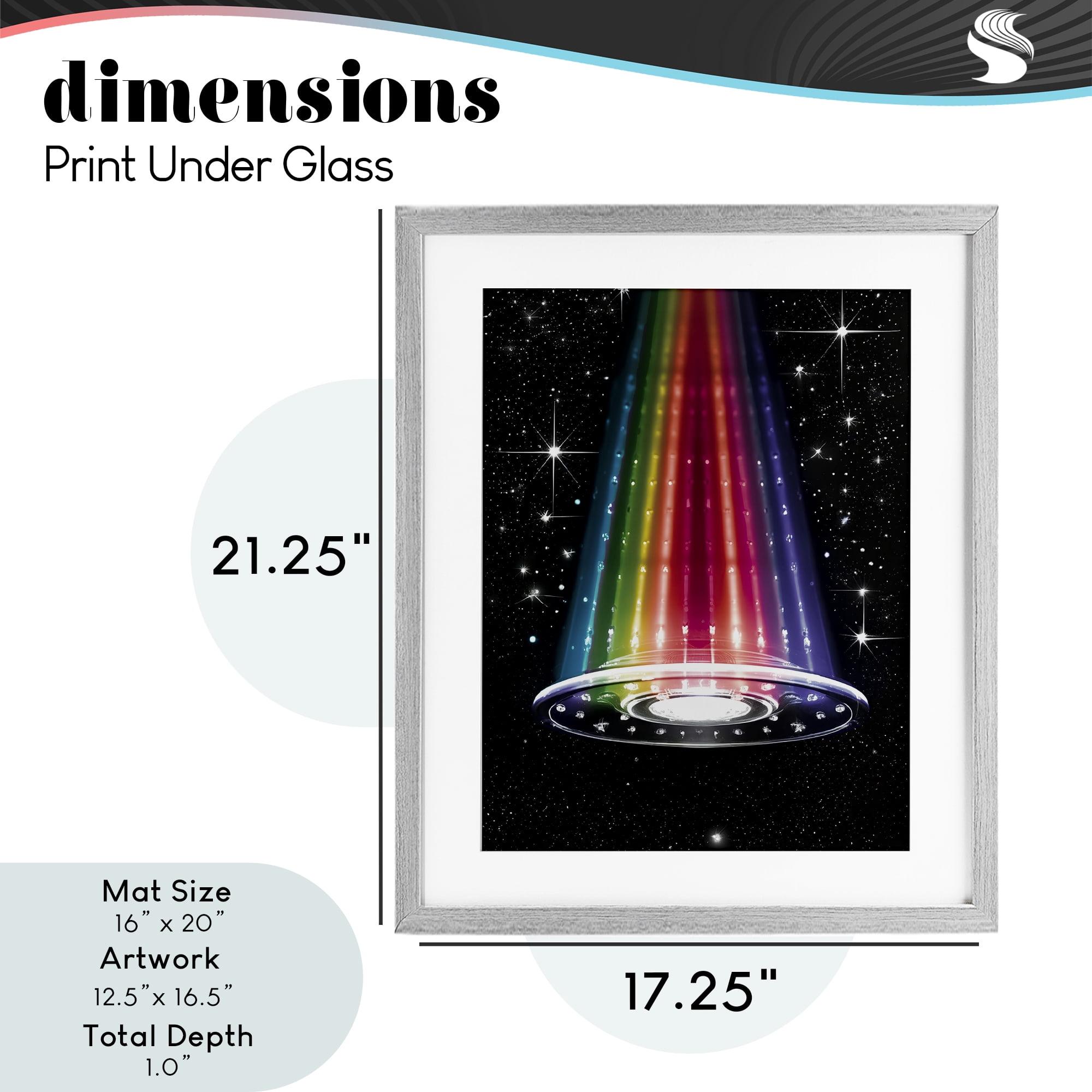 Rainbow Galaxy UFO Gray Framed Print Under Glass, design by Sasha