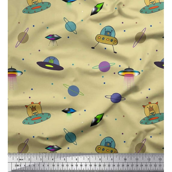Soimoi Cotton Duck Fabric Planet,Animal & Spaceship Cartoon Print Fabric by Yard 56 Inch Wide