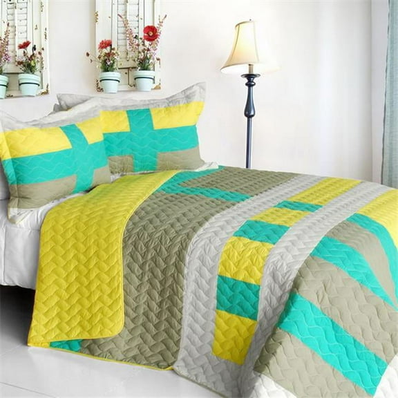 Lollipops - B - Vermicelli-Quilted Patchwork Geometric Quilt Set Full & Queen Size - Yellow