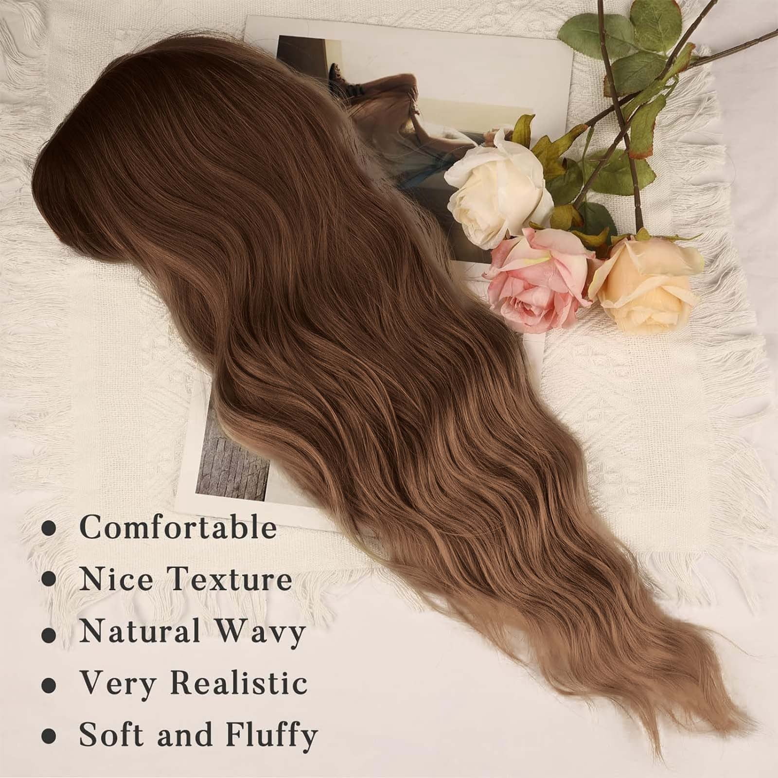 Long Wavy Wig with Bangs for Women, Brown Highlight Synthetic Wig with Dark Roots, Heat Resistant Wigs for Daily Party Use(Brown,One Size)