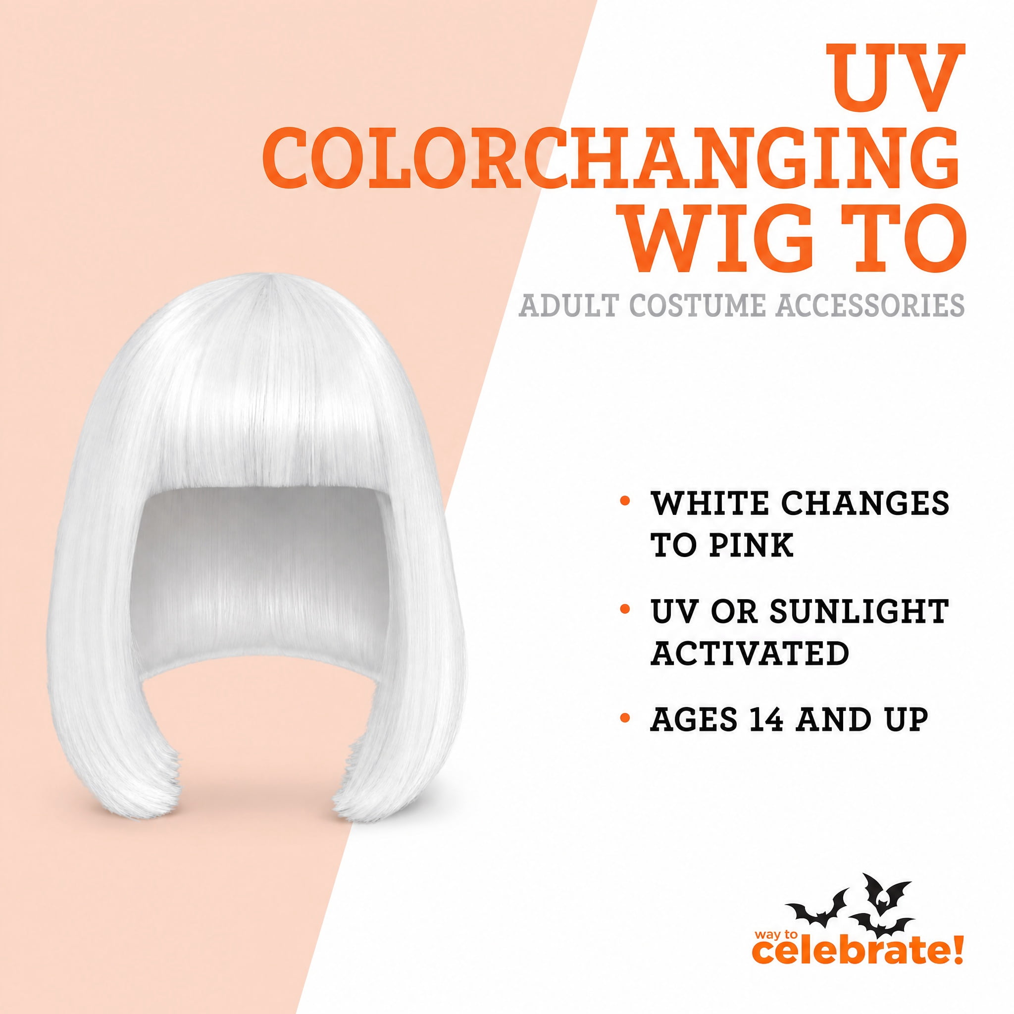 UV Color-Changing Wig Costume Accessory for Adults, White to Pink, Halloween by Way To Celebrate