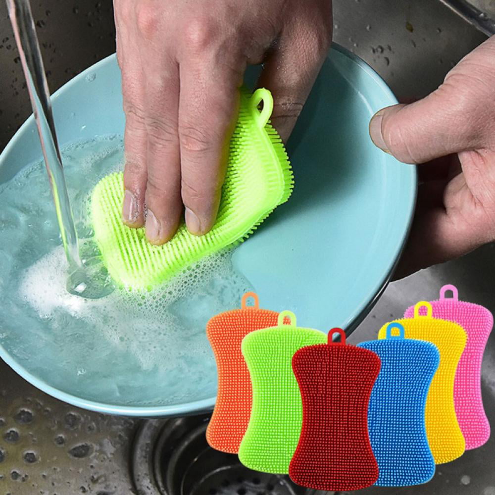OAVQHLG3B Silicone Sponge Silicone Scrubber Dish Brush Cleaning  Sponges,Soap-Shaped Silicone Dishwashing Brush Pad Double Sided Silicone  Brush for