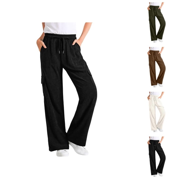Corduroy Lounge Pants Women 2026 Trendy Elastic High Waist Wide Straight Leg Casual Loose Cargo Pants