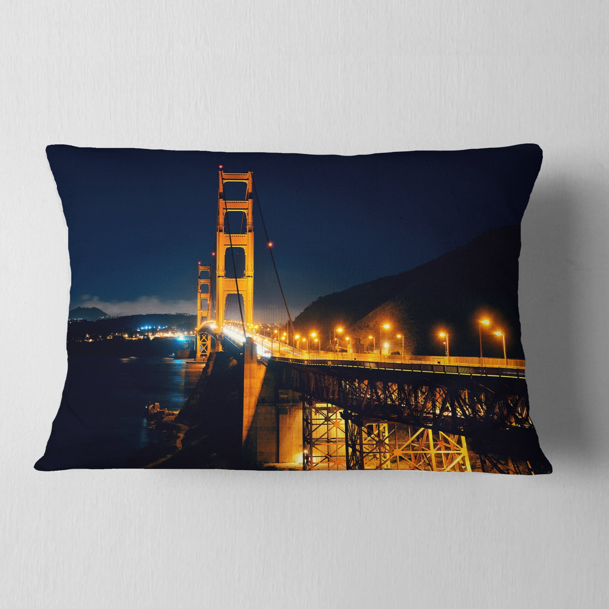 Designart Golden Gate at Night - Sea Bridge Throw Pillow - 12x20
