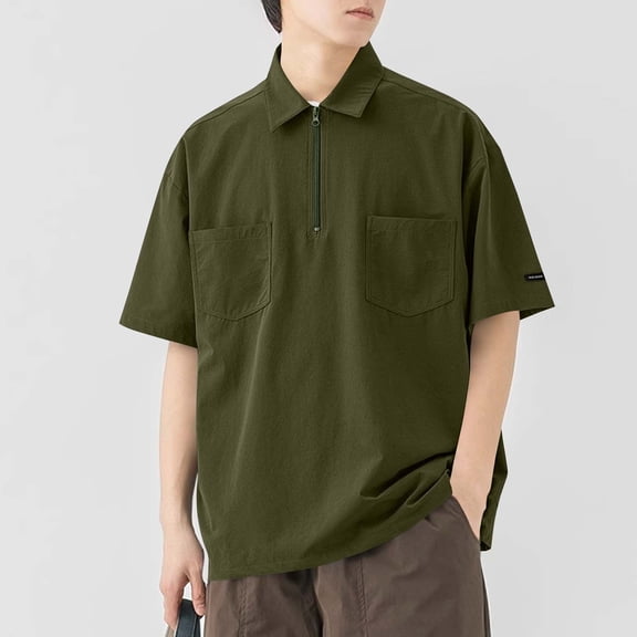 DayScoop Big & Tall T-Shirt for Men Solid Color T Shirt Summer Short Sleeve Casual Fashion Loose Pocket Zipper Turndown Collar Tops Plus Size