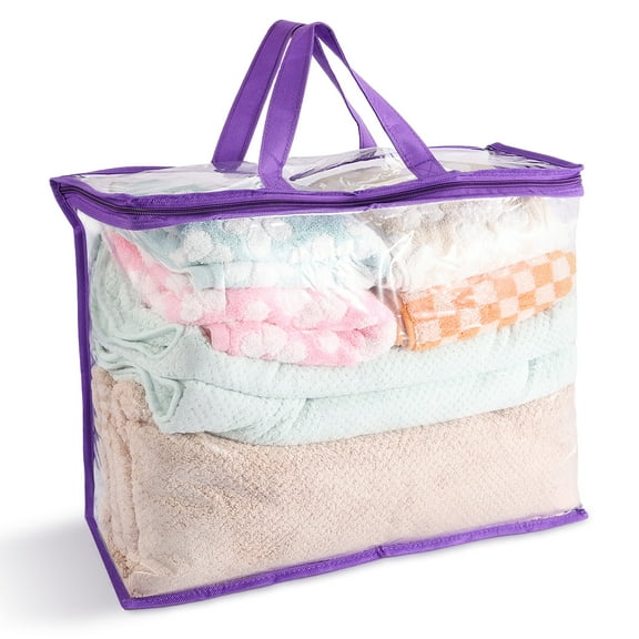 LINFANG Clear Clothes Storage Bag 22L Foldable Closet Storage Bag Space Saving Bedding Holder Container with Handle for Under Bed Closet Dorm Bedroom