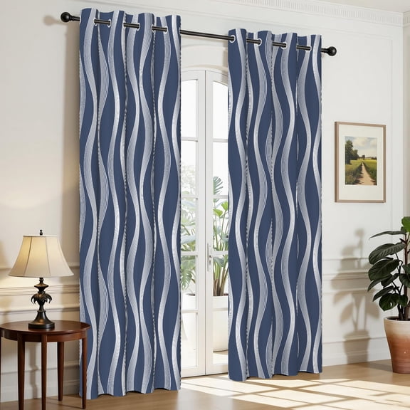 Aofoto Thermal Insulated Ombre Curtains,Silver Wave Print Blackout Drapes,42W x 63L Inch, Navy Blue, 2 Panels