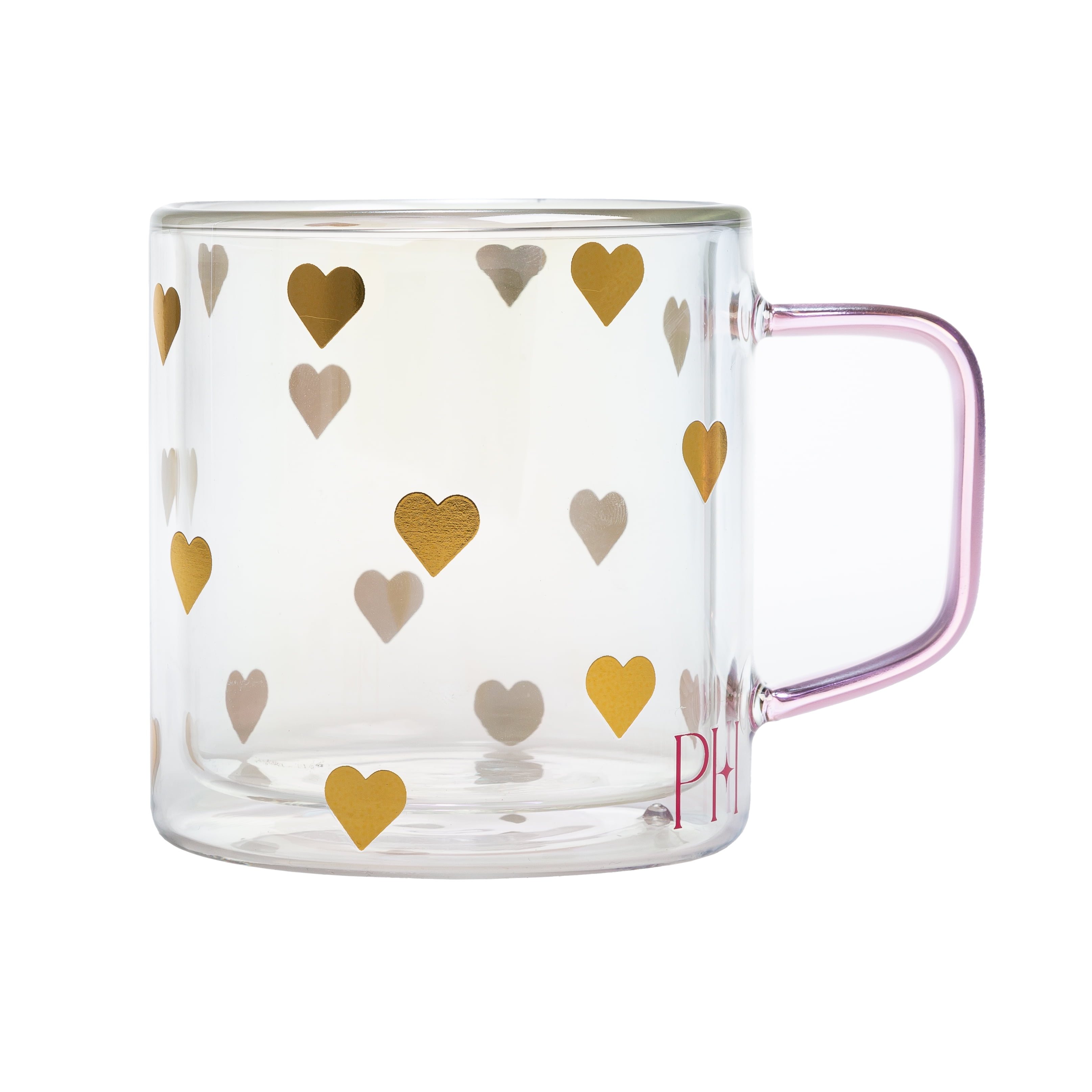 (2 pack) Paris Hilton Double Wall Glass Coffee Mug,13.5 Ounces, Hearts