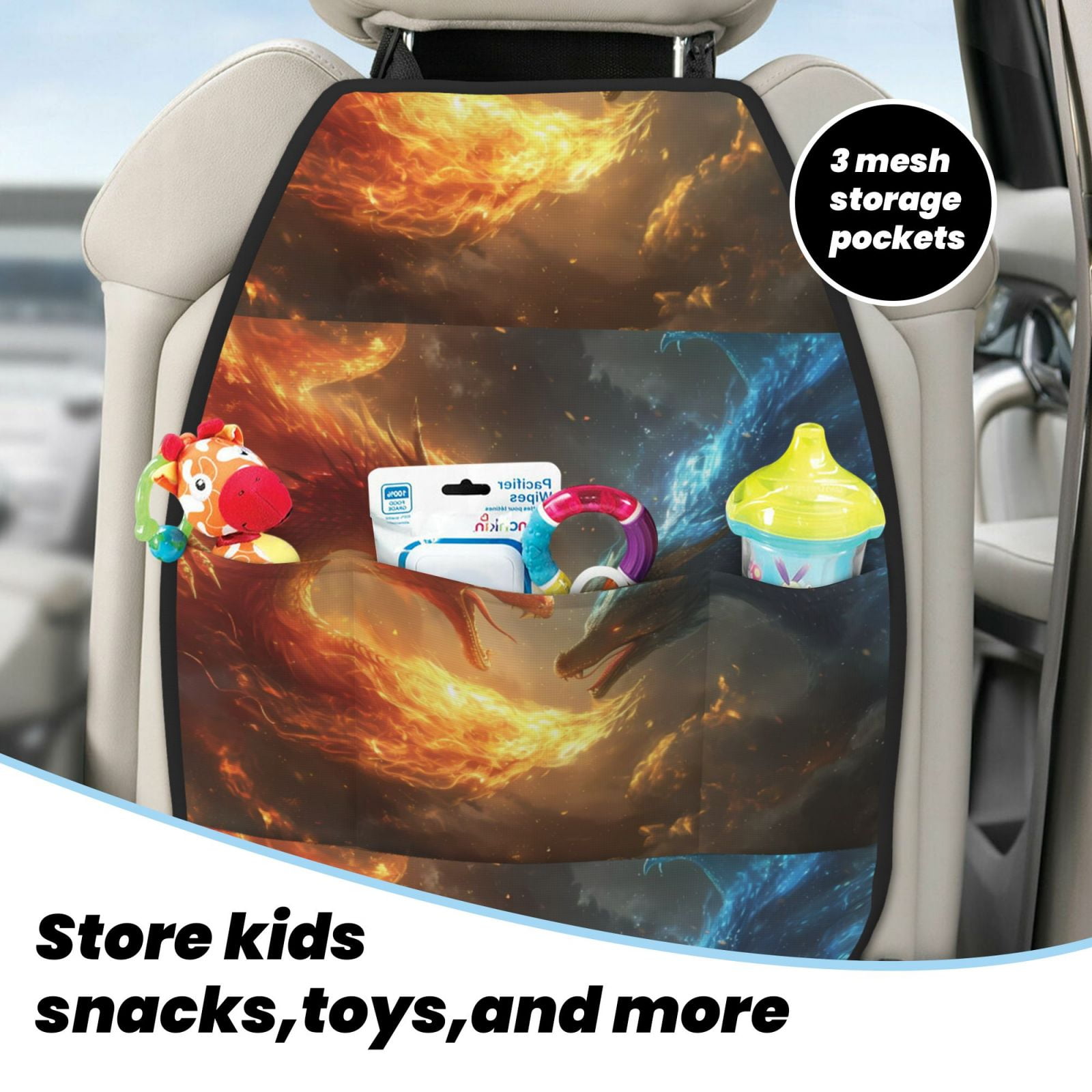 Xecao Red And Blue Fire Dragon B Pattern Car Seat Back Protector 2 Pack Large Capacity Pocket, Kick Mats Back Seat Protector