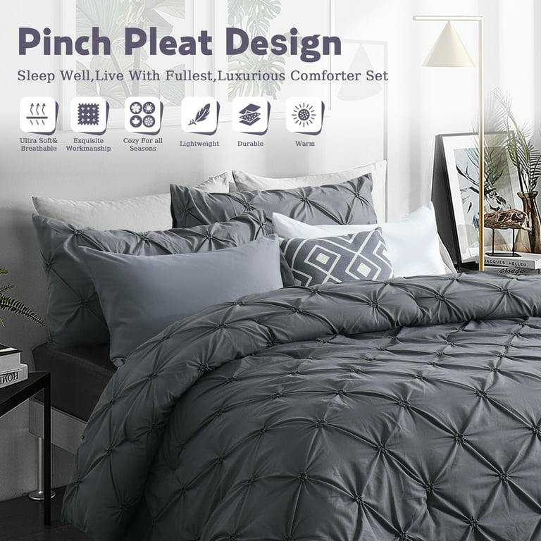 Home Collection Premium Ultra Soft 3 Piece Pinch Pleat Duvet Cover Set, Full/Queen - Gray