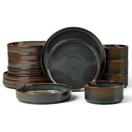 Dinnerware Sets with Pasta Bowls, 16 Piece Plates and Bowls Set for 4, Ribbed Stoneware Dishes Set for Kitchen Dining, Microwave and Dishwasher Safe, Jungle Green