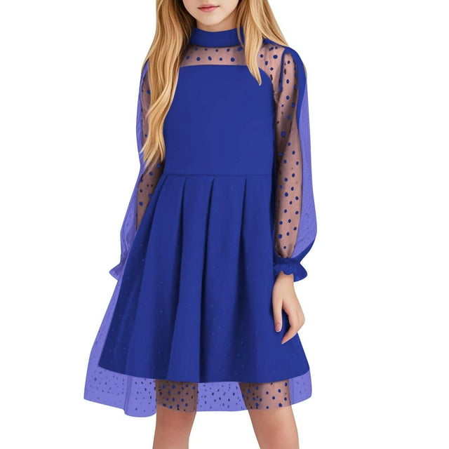 ZACPNCV Robe Courte à Manches Longues en Maille Contrastée pour Filles avec Poches Bleu 10-12 Ans