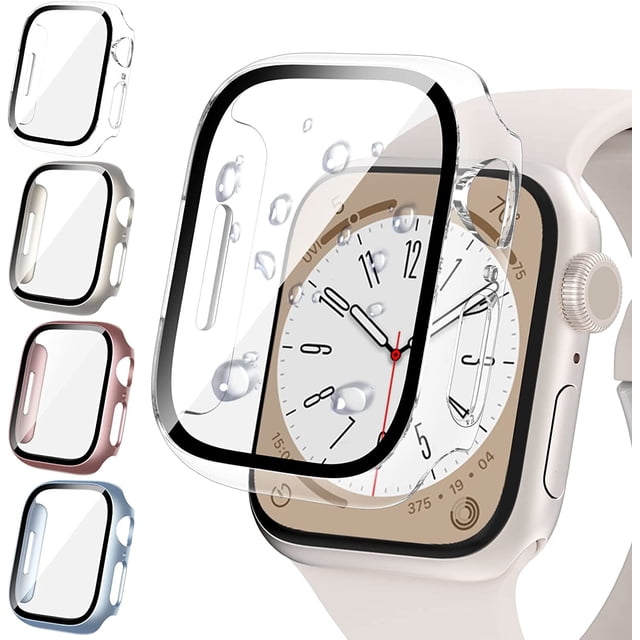 4-Pack for Apple Watch Case Series SE 2022 6 5 4 44mm, iWatch Protector, Tempered Glass Film Hard PC Bumper for Women Men, Ultra-Thin Guard (44mm,Clear/Rose Gold/Starlight/Sea Blue)