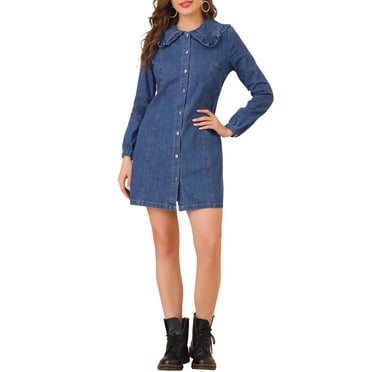 Women's Blue Button-Up Short Sleeve Denim Dress with Waist Darts