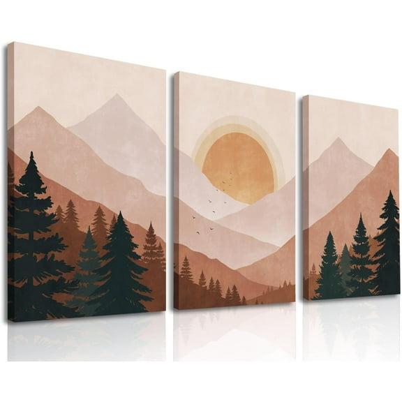 Boho Wall Art, Mid-Century Modern Wall Prints, Abstract Sun Mountain Forest Nature Terracotta Framed Canvas Wall Art Paintings, Minimalist Landscape Nursery Decor Bohemian Artwork, Boho Wall Decor for