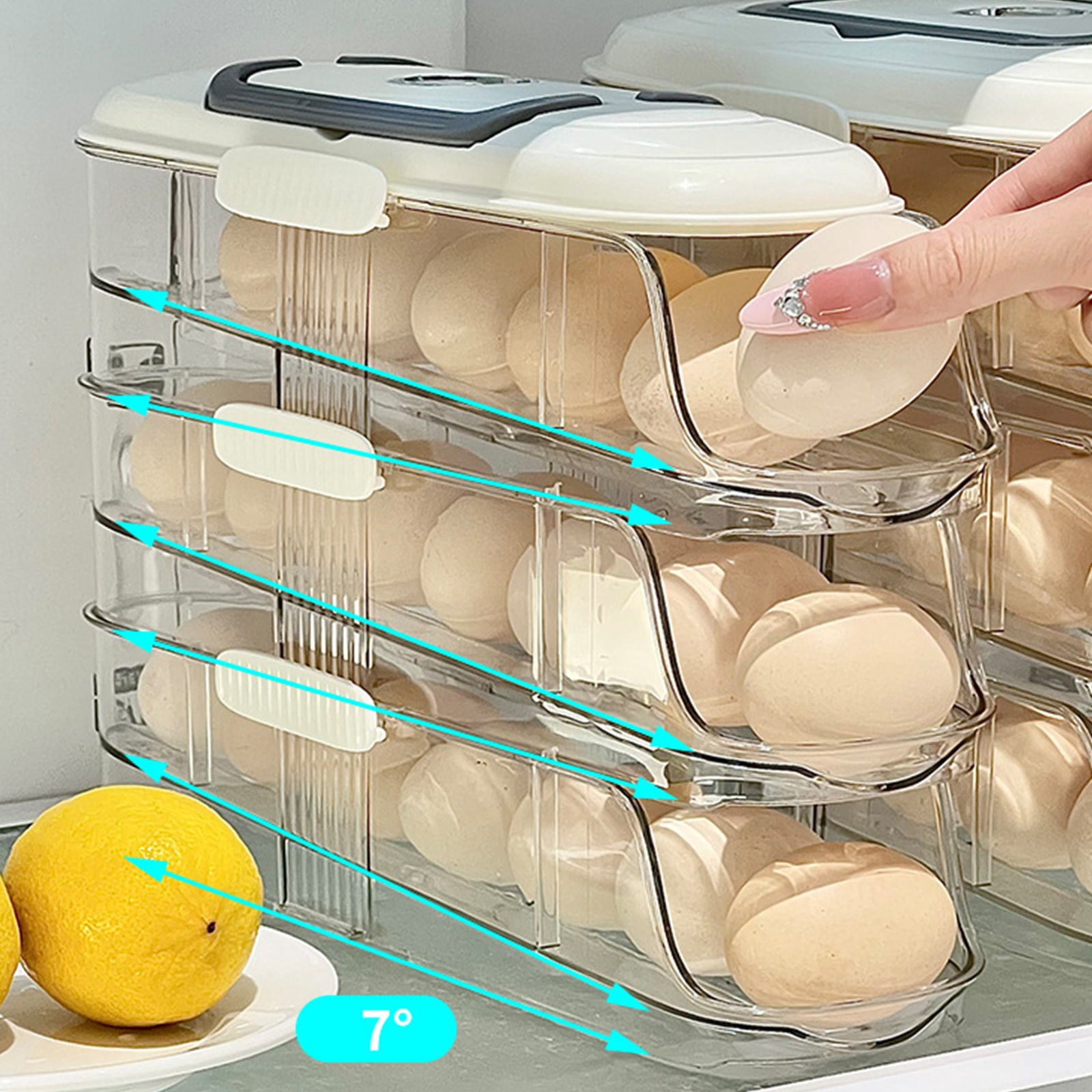 Rolling Egg Organizer, Egg Dispenser Fridge with Gravity Fed Slide Tray, Stackable Refrigerator Egg Storage Box with Protective Lid, Kitchen Counter and Side Door Egg Slide Organizer
