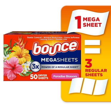 Bounce Mega Fabric Softener Dryer Sheets, Paradise Blossom Scent, 50 Count