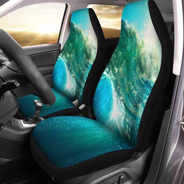 ABPHQTO Juego de 2 fundas para asientos de coche, color azul rugoso, ola oceánica que se rompe al atardecer, Protector universal para asientos delanteros de coche