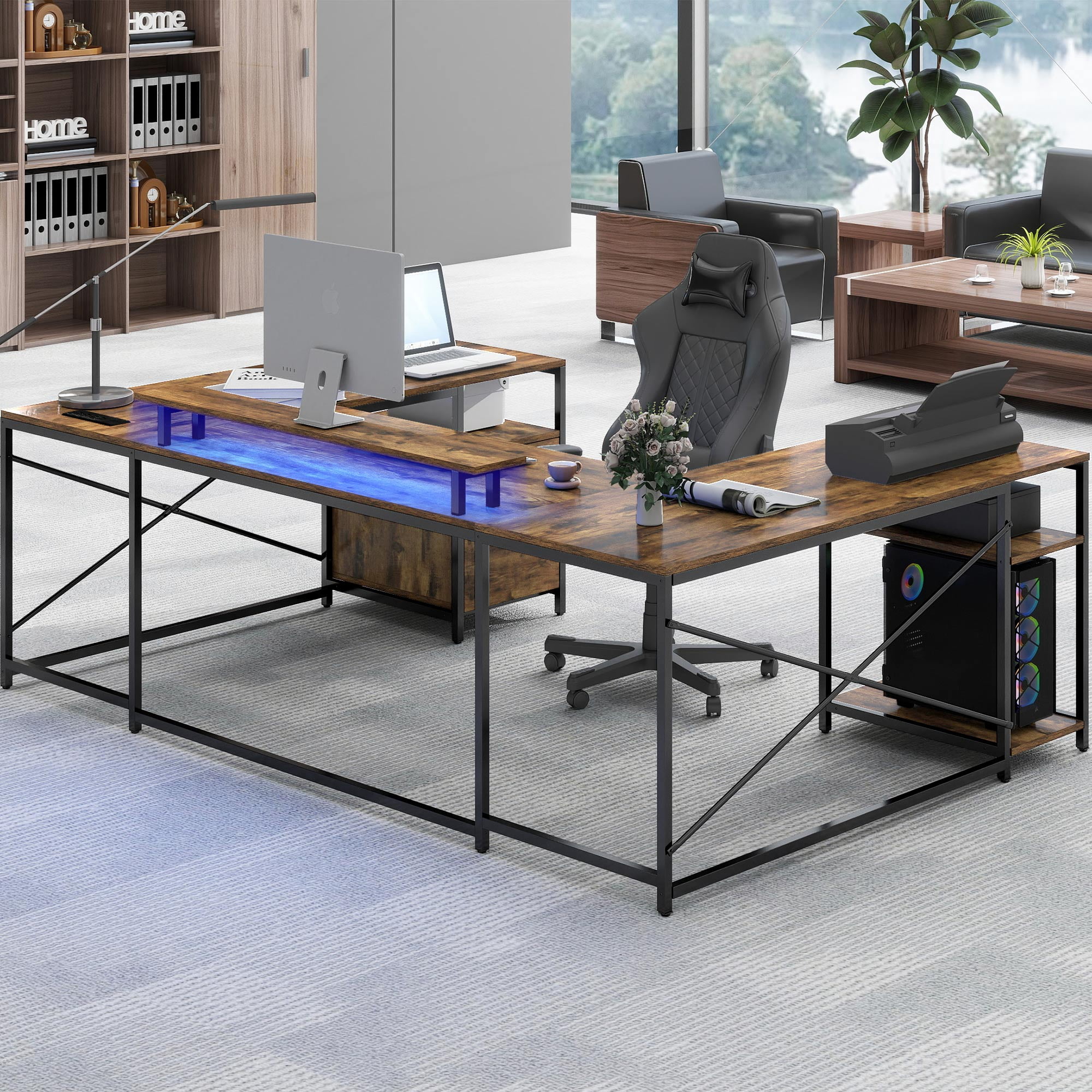 DWVO L Shaped Desk with Power Outlets & LED Lights, Reversible Computer Desk with Storage Shelves, U Shaped Gaming Desk with Monitor Stand 2 Person Large Corner Office Desk, Rustic Brown