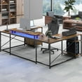 thumbnail image 3 of Dextrus L Shaped Desk with Power Outlets & LED Lights, Reversible Computer Desk with Drawers, ,Brown, 3 of 16