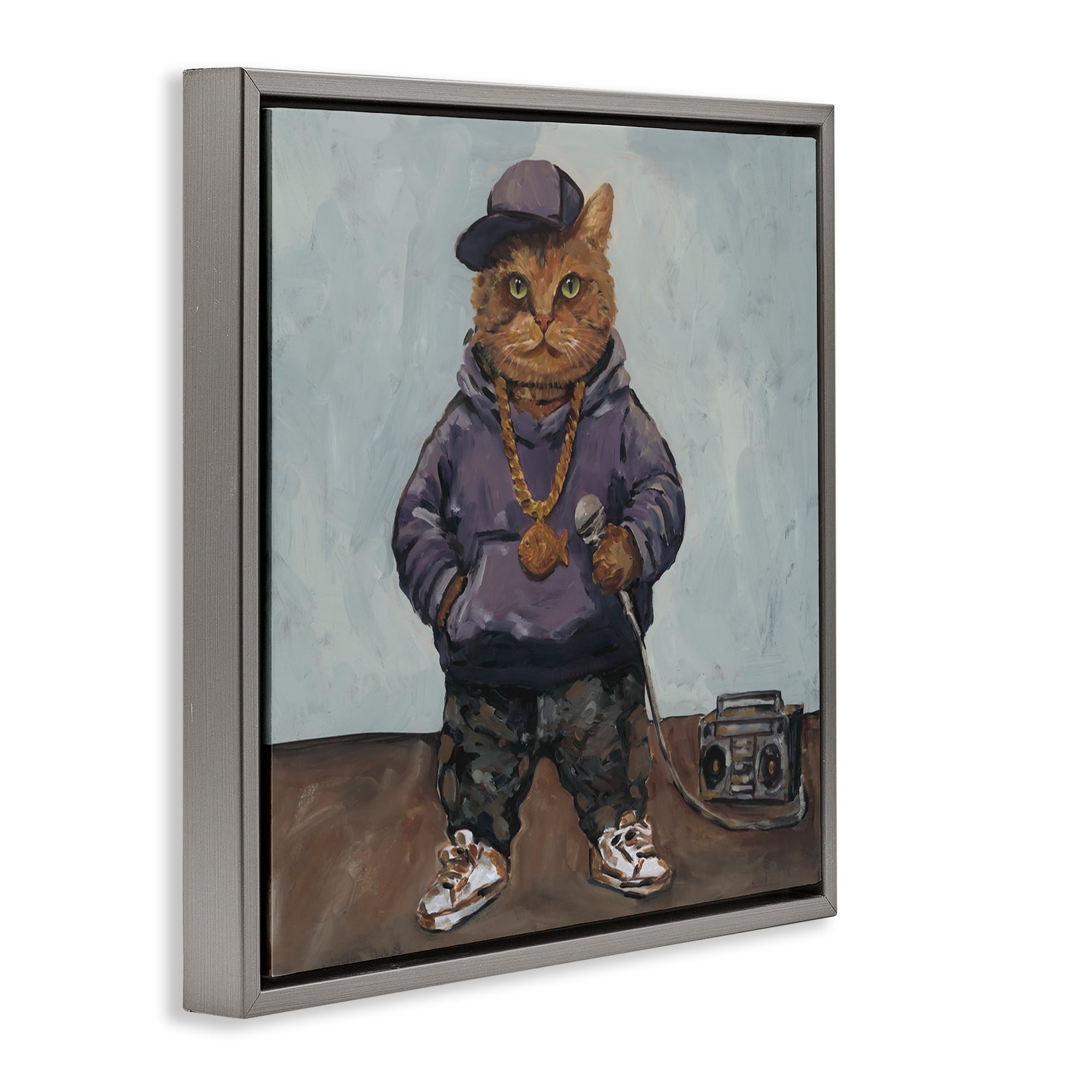 Stupell Industries Urban Hip-Hop Cat Gray Framed Floater Canvas Wall Art, design by Studio Bautista