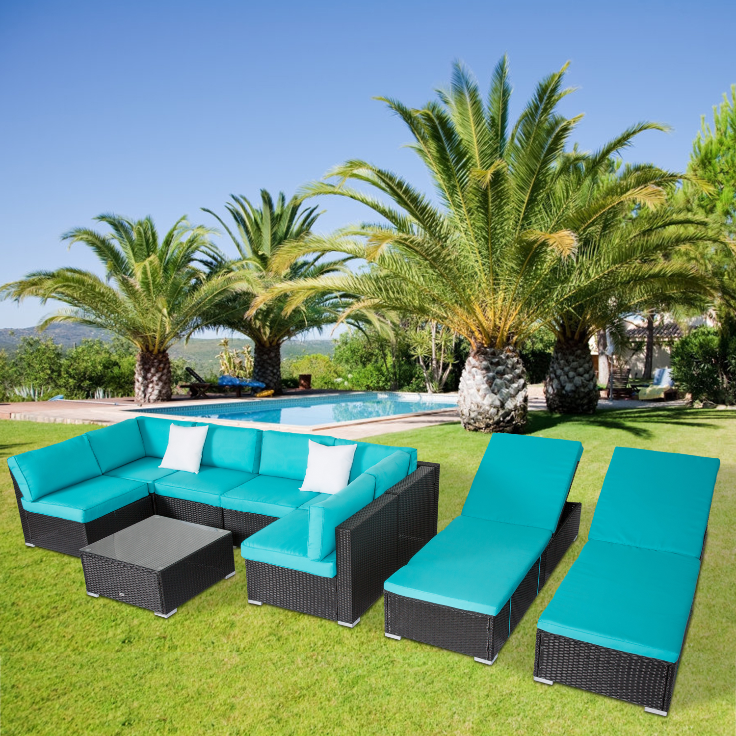 Kinbor 9 Pieces Outdoor Patio Rattan Wicker Sofa Sectional Set with Chaise Lounge