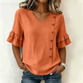 thumbnail image 5 of ClodeEU Women's V Neck Flared 3/4 Sleeve Blouse,Asymmetric Side Button Solid Color Casual Top Orange,Women's Plus M, 5 of 8