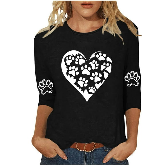 Ayolanni Cute Tops for Women Going Out Black Dog Paw 3/4 Sleeve Crew Neck Pullover Blouses Women's Shirts L