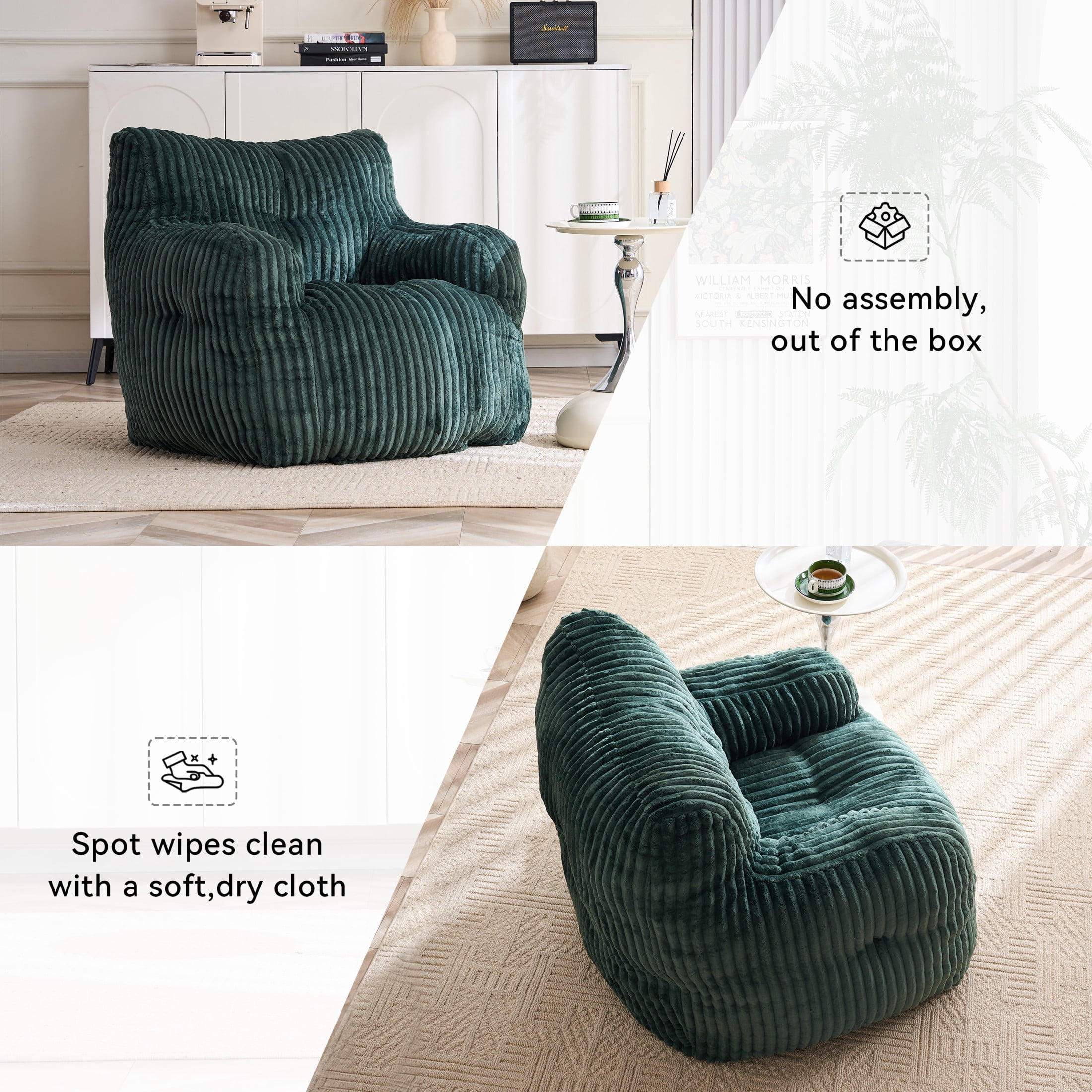 Noble House Solley 39" Fluffy Corduroy Bean Bag Chair, Memory Sponge Floor Lounger Accent Seat for Living Room, Green
