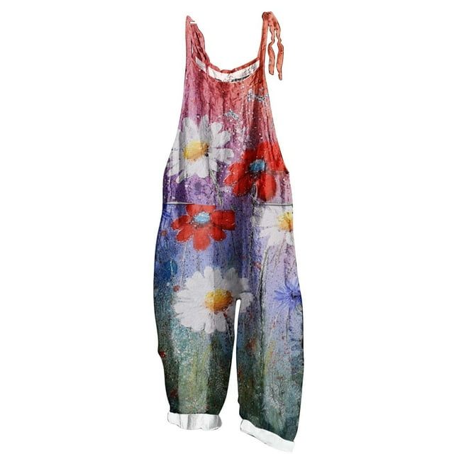 yoeyez Combinaisons Habillées pour Femmes Décontractées d'Été, Combinaisons Rétro Tendance Sans Manches pour Femmes Décontractées à Jambes Larges avec Bretelles Ajustables Salopettes Combinaisons avec Poches Multicolore, G