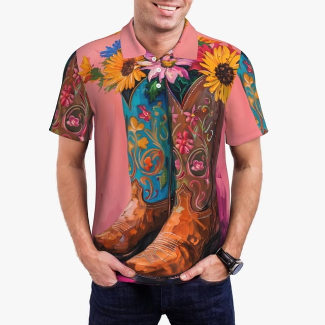 Fotbe Cowboy Boots With Flowers Camiseta Polo de Golf para Hombre con Estampado – Camisa Deportiva Transpirable con Cuello Abotonado-Medium