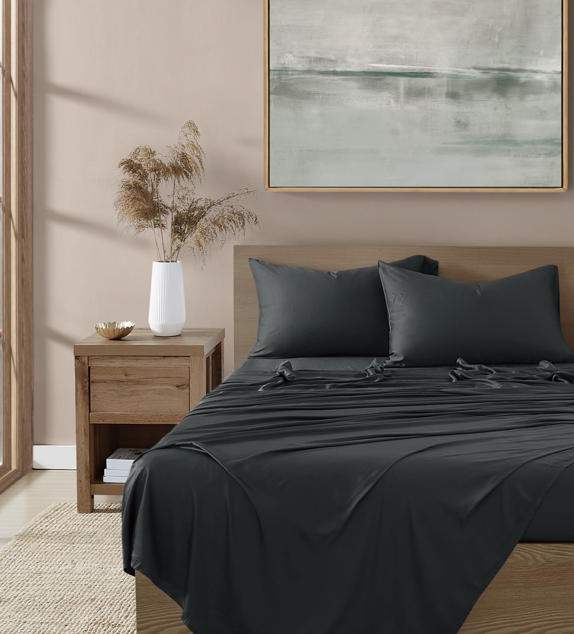 Brooklyn Loom 300 Thread Count Sateen 100% Rayon from Bamboo Deep Pocket 4 Piece Queen Sheet Set in Charcoal, All Season, Adult Size, OEKO-TEX Certified