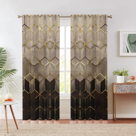 Geometric marble curtains, featuring an abstract geometric hexagonal pattern in brown and gold, suitable for bedrooms and living rooms; gradient brown and gold marble pattern curtains, 52x84 inches.