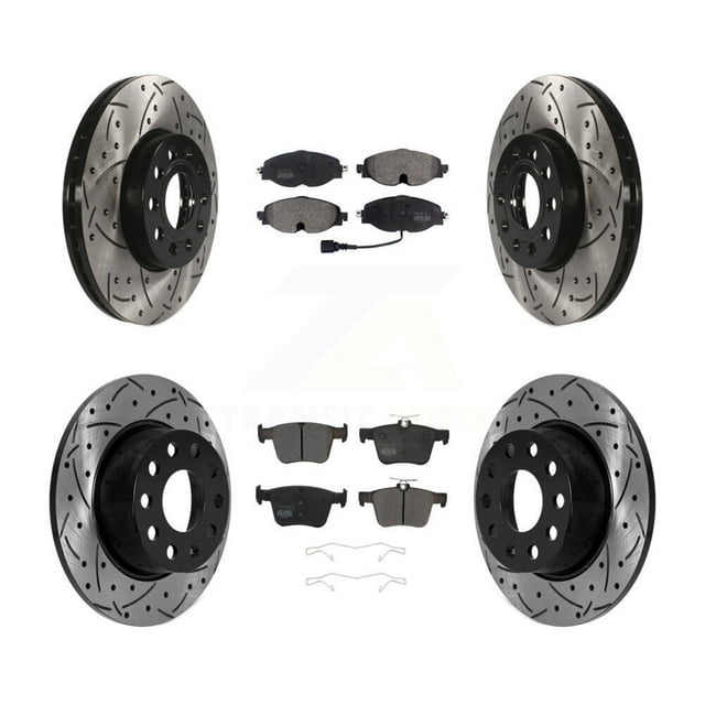 Transit Auto Front Rear Coated Drilled Slotted Disc Brake Rotors and Semi-Metallic Pads Kit for Car Volkswagen Jetta Taos KDF-101026