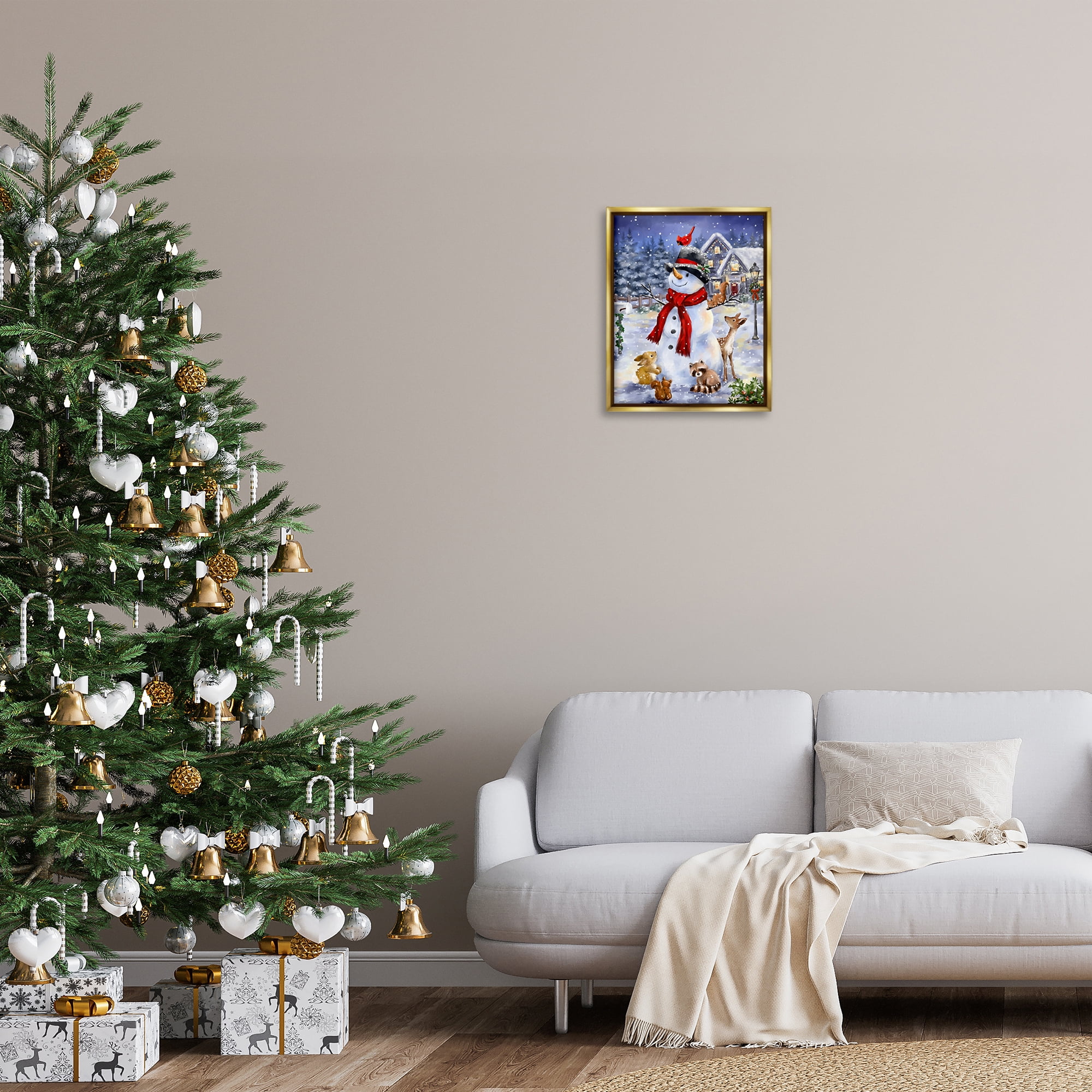 Stupell Industries Snowman & Forest Animals Holiday Painting Gold Floater Framed Art Print Wall Art, 17 x 21