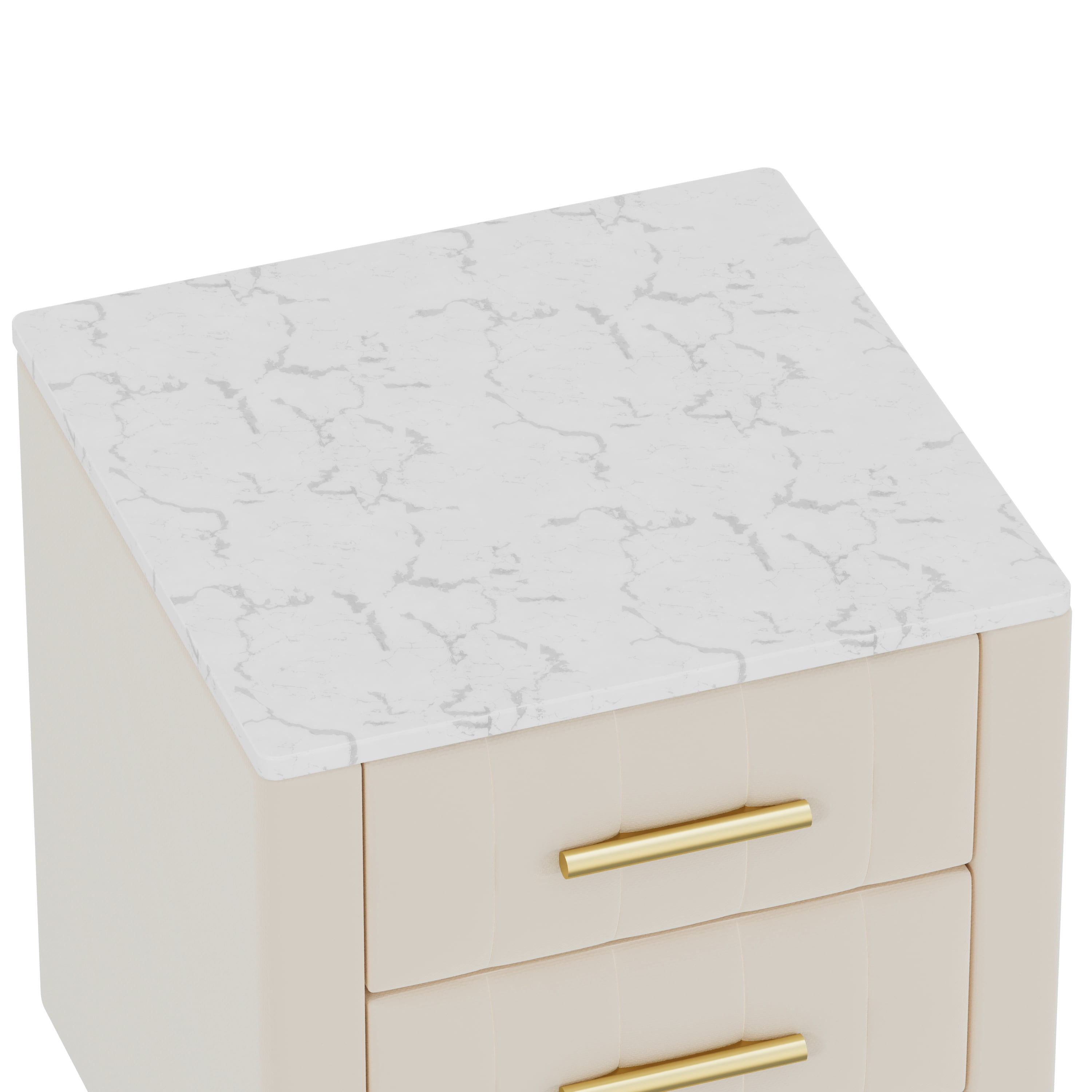 Euroco Upholstered Wooden Nightstand with 3 Drawers and Metal Legs&Handles,Modern Bedside Table with Marbling Stickers Worktop for Bedroom,Beige