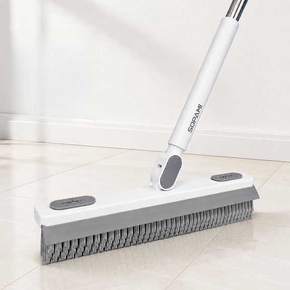 SOPAMI Grout Brush with Long Handle, Floor Scrub Brush with Squeegee (White)