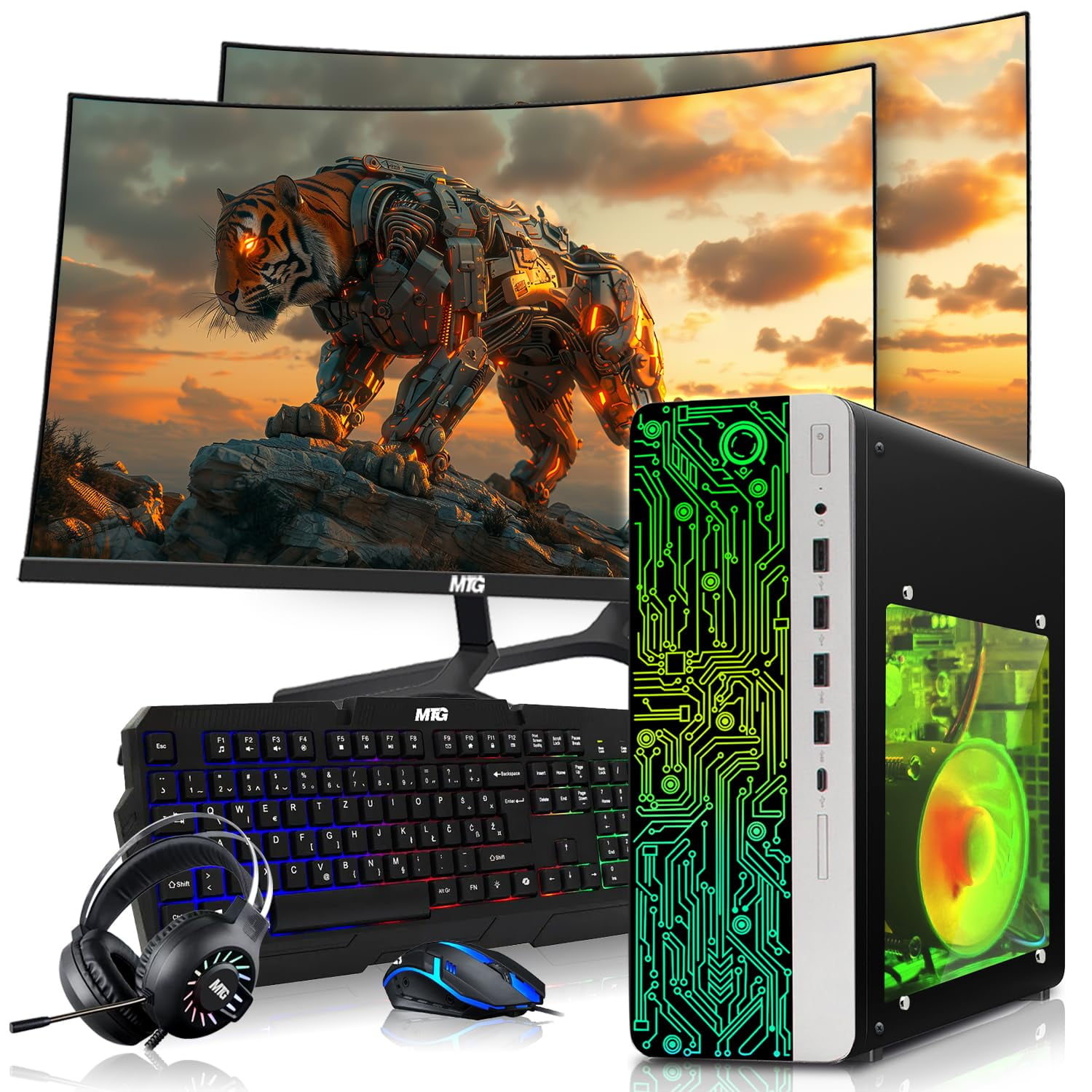 Restored HP Gaming PC Desktop Computer – AMD Pro A10-9700,GT 1030 Graphics,8GB RAM,1TB SSD,Dual 27 Inch Curved Monitor,RGB Keyboard with AI Copilot,Mouse,WiFi,RGB Headphone,Windows 11