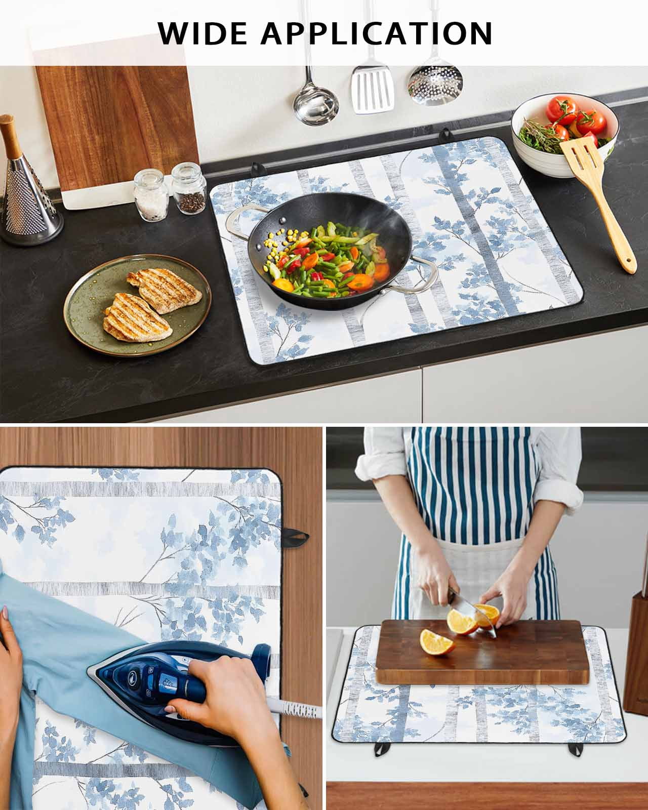 nqOlkjepod Large Induction Cooktop Protector Mat 24"x21", Blue Ombre Leaves Stove Top Covers for Electric Stove, Gray Forest Branches Decorative Stove Burner Cover Mats, Glass Top Stove Cover