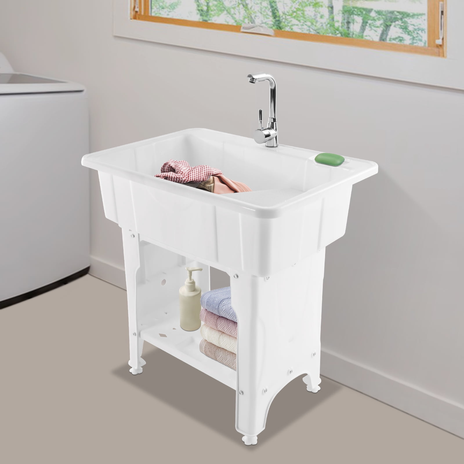 Multi-functional Utility Sink, 28x16.7x8.7in Wash Basin, Premium Plastic Material, Includes Removable Washboard and Storage Shelf, Modern White Design, Suitable for Garage, Balcony, and Outdoor Use