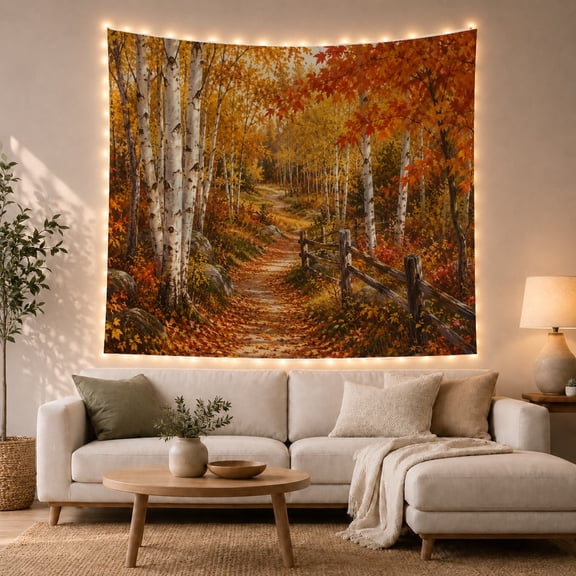 Autumn Birch Trees on a Forest Path with Golden Leaves, Peaceful Impressionist for Nature Lovers, Tranquil Forest Art Decor, Housewarming Gift, Tapestry Wall Hanging for Bedroom and Living Room