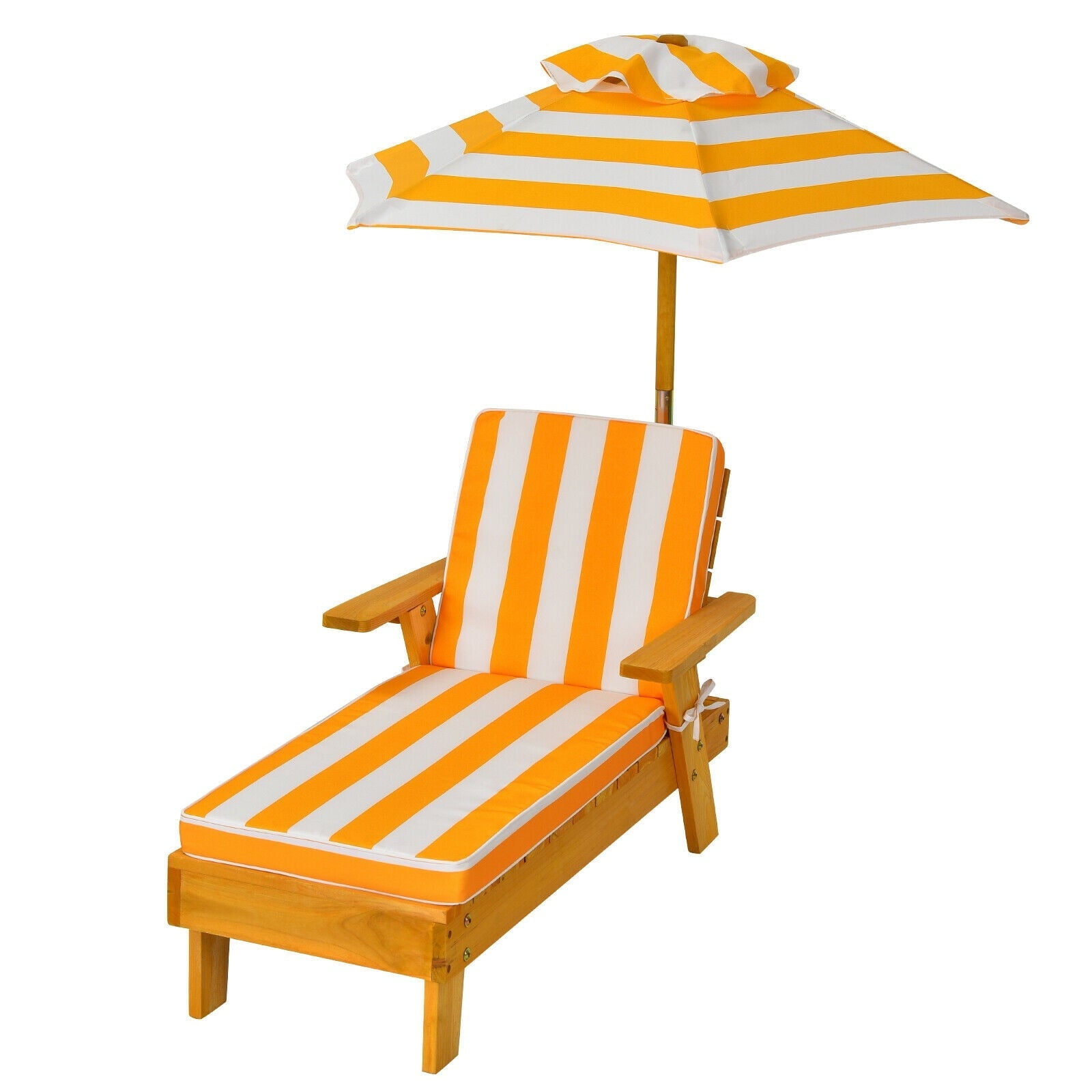 Kids Outdoor Chaise Lounge Children's Patio Wood Lounge Chair w/Umbrella