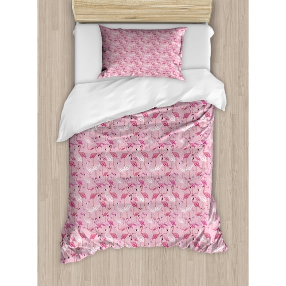 Flamingo Duvet Cover Set Twin Size, Hand Drawn Animals in Pinkish Tones Exotic Fauna Tropical Wild Birds, Decorative 2 Piece Bedding Set with 1 Pillow Sham, Pink Pale Pink and White, by Ambesonne