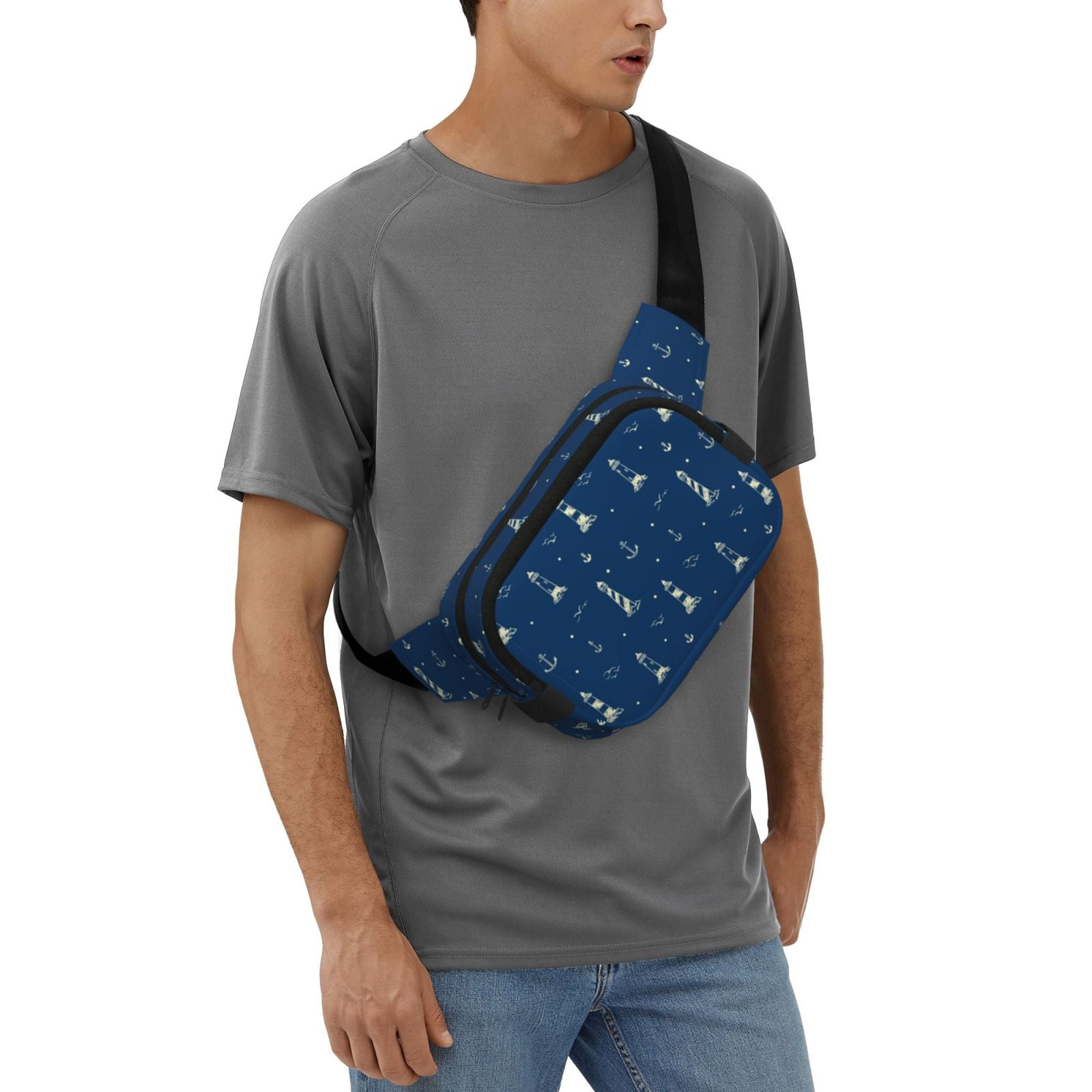 Picia Lighthouses and Anchors Print Square Double-Layer Waist Bag Mini Adjustable Waist Belt Bag Exercise Running Travel Hiking